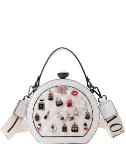 Charming 3D Accented Round Frame Stoned Satchel-Clutch 89978 WHITE